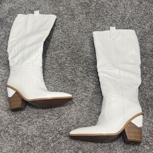 White Croc-Embossed Knee-High Boots